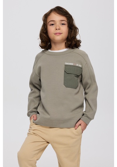 Panço Erkek Çocuk Yuvarlak Yaka Cepli Baskılı Parça Detaylı Antrasit Sweatshirt Gri