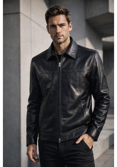 Erkek Hakiki Deri Ceket Siyah Hakim Yaka Premium Slim Fit Gerçek Deri Mont Üretici Garantili