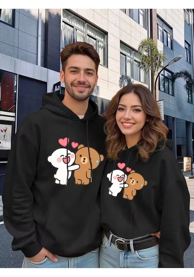 Nevermind Sevgili Çift Kombini Sevimli Ayıcık Baskılı Kapüşonlu Sweatshirt Siyah