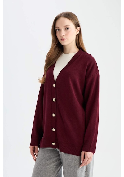 Defacto Relax Fit V Yaka Hırka E6134ax25aubr459 Bordo