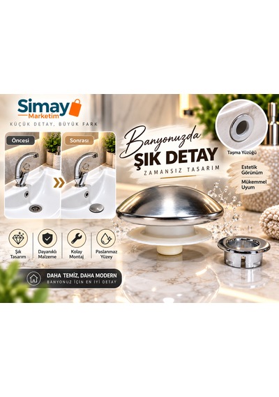 Lavabo Gider Süzgeci Bas Aç Pop-up Sistem Taşma Yüzüklü Dayanıklı Tasarım Gri