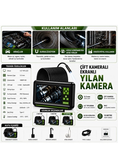 10 Metre Çift Lens Ekranlı Yılan Kamera 5.5mm Lens Sert Kablo