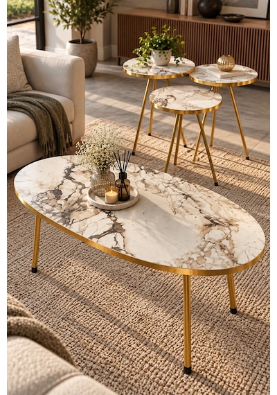 Sulorahome Beyaz Ve Gold Metal Ayaklı 4'lü Sehpa Seti Tablalar Beyaz Mermer / Ayaklar Gold