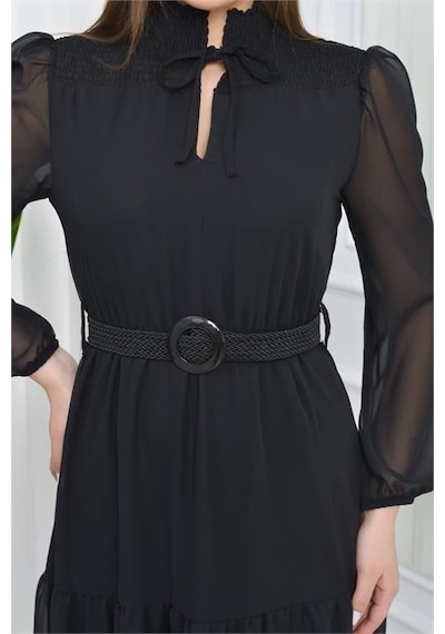 Dip Moda Kadın Kemerli Midi Boy Gipeli Şifon Elbise Dpnb7156 - Siyah Siyah Dip Moda Kadın Kemerli Midi Boy Gipeli Şifon Elbise Dpnb7156 - Siyah Siyah
