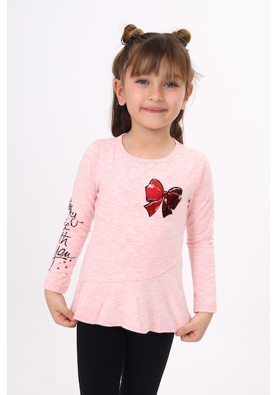 Toontoy Kids Toontoy Kız Çocuk Göğsü Pullu Fiyonklu Nakışlı T-shirt Pembe Melanj