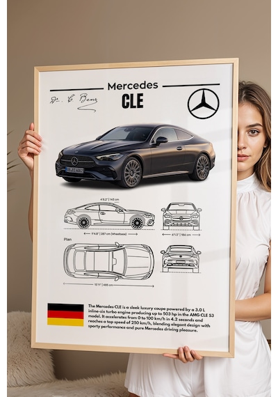 Mercedes Cle Tablo - Teknik Özellikli Lüks Coupe Poster - Çerçeveli Duvar Dekoru - Araba Blueprint Kayın