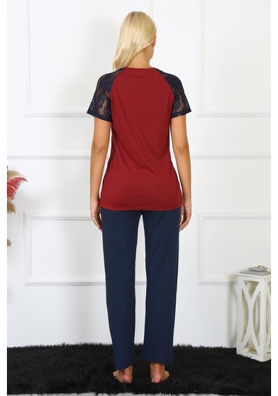 Akbeniz Kadın Kolu Dantelli Penye Pijama Takım 4149 - L Bordo