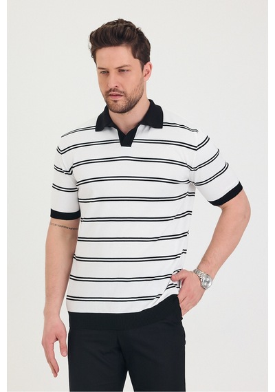 Cool Tarz Erkek Polo Yaka Beyaz Çift Çizgi Detaylı Siyah Triko T-shirt Beyaz Beyaz