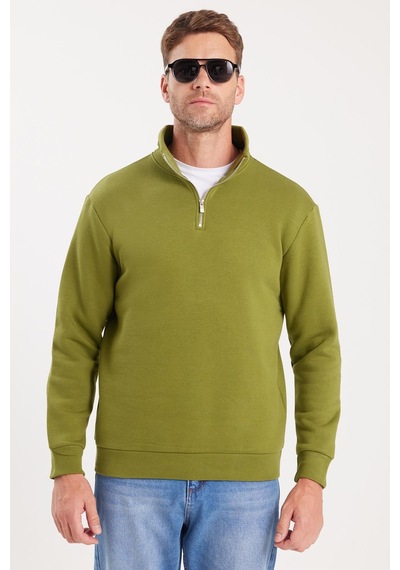 Tudors Unisex Relax Fit Rahat Kesim Pamuklu İçi Polarlı Yarım Fermuarlı Haki Dik Yaka Sweatshirt-31452