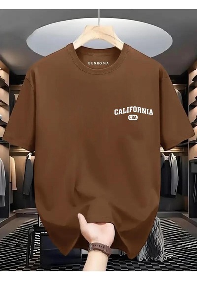Calıfornia Usa Baskılı Oversize Tişört Kahverengi