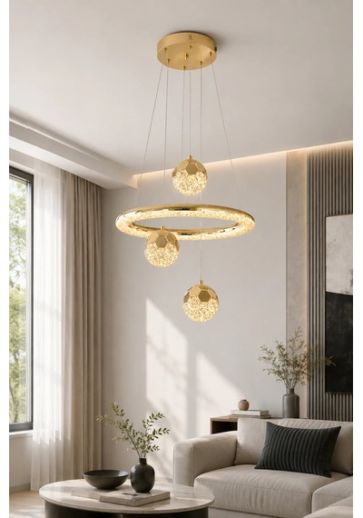 Modern Premium Gold Küreli 3 Renkli Ledli Sarkıt Avizesi Salon Mutfak Çocuk Odası Şık Modelleri 84w
