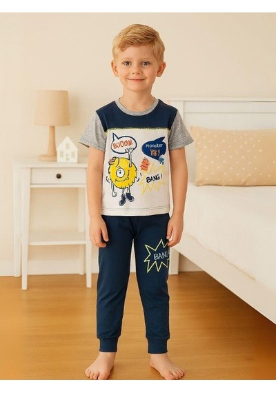 Zekids Erkek Çocuk Eğlenceli Baskılı Kısa Kollu Pijama Takımı-16033 Beyaz