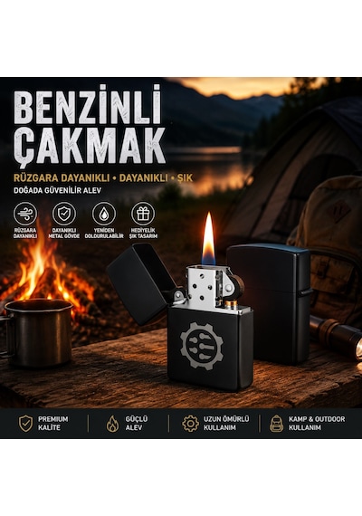 Sevgiliye Hediye Mühendislere Özel Tasarım Çark Temalı Siyah Metal Benzinli Çakmak Dolu Gönderim