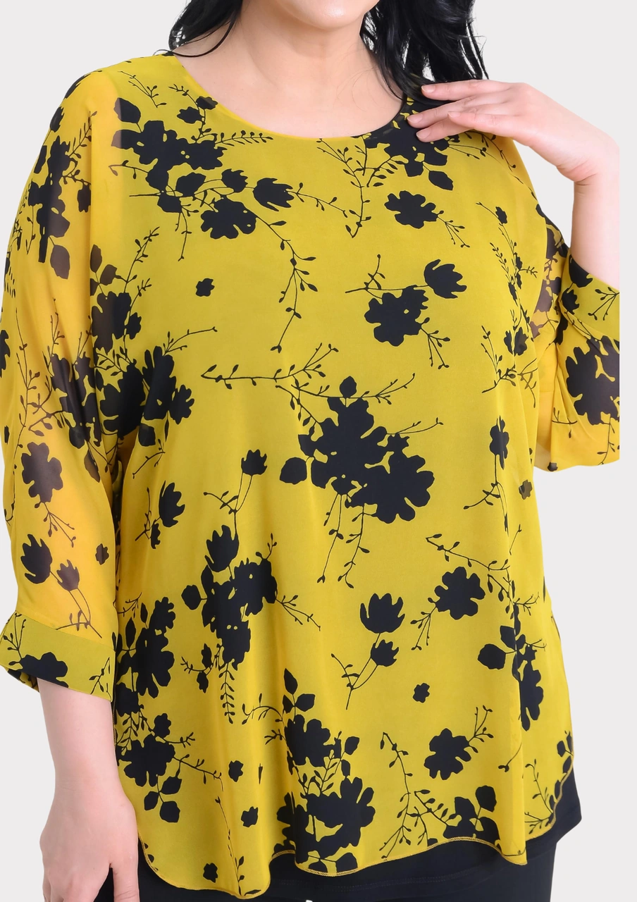 Lilas Xxl Büyük Beden Sarı Desenli Şifon Bluz Sarı
