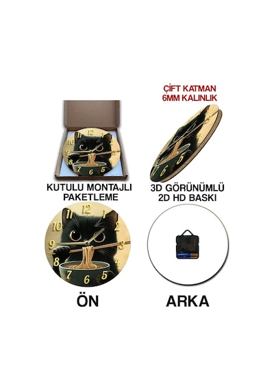Noodlecat Sevimli Siyah Kedili 3d Görünümlü Mdf Duvar Saati Sdw228 Renkli