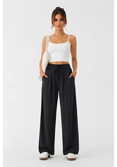 Lili Woman Kadın Siyah Cupra İnce Kemerli Bol Paça Pantolon Yüksek Bel Rahat Kesim P.1643
