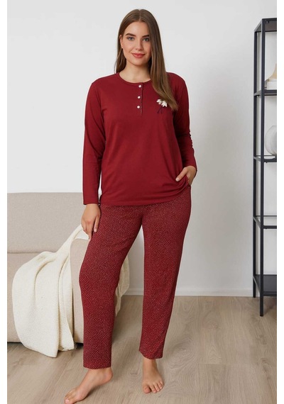 Tenra Geniş Kalıp Kadın Pijama Takımı %100 Pamuk Kırmızı