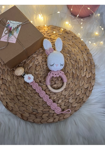 Amigurumi Emzik Zinciri Çıngırak Set Beyaz - Pembe