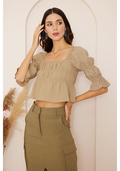 Darlin Moda Haki Büzgülü Crop Bluz Dm7001