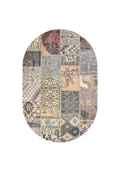 Patchwork Desenli Pamuk Taban Dijital Baskılı Yıkanabilir Oval Halı Bej