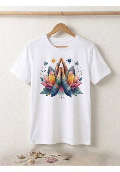 Lotus Ve Dua Eden El Baskılı Kompak T-shirt Beyaz