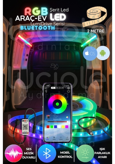 Lumidrive 2m Rgb Araç Led Şerit Bluetooth Kontrollü, 5050 Gerçek Rgb, Mobil Uyumlu Işık Şovu