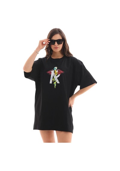 Kadın Baskılı T-shirt Kısa Kol Bisiklet Yaka Regular Fit Rahat Kalıp Günlük Tişört -siyah Siyah