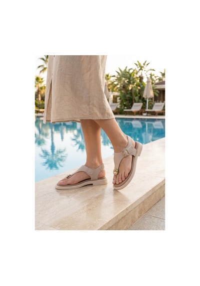 Nesilshoes Nesil Shoes Dvm 219 Bej Tokası Cırtlı Parmak Arası Sandalet