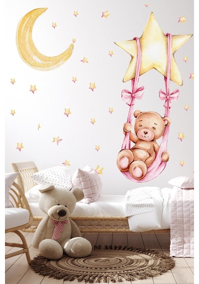 MSticker Yıldızda Sallanan Ayıcık Ay Ve Yıldızlar Çocuk Bebek Odası Sticker Seti