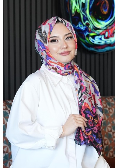 Çiçek Desen Krem Soft Pamuk Şal Violet Çok Renkli