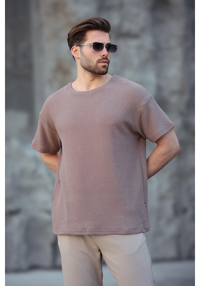 Madmext Kahverengi Bisiklet Yaka Oversize Erkek T-shirt E7134 Kahverengi