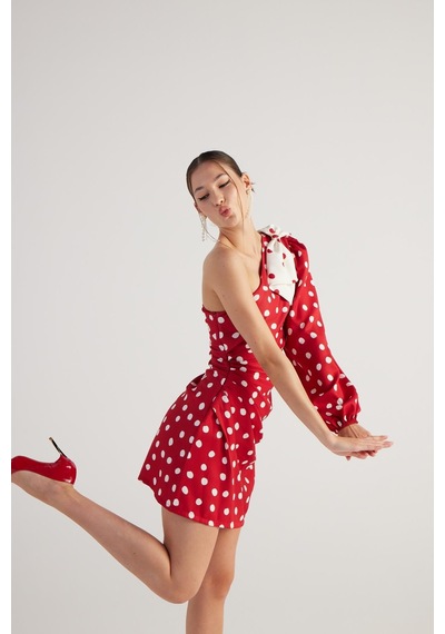 Holly Lolly Puantiyeli Çıkarılabilir Kurdele Aksesuarlı Tek Kollu Mini Polka Elbise Kırmızı