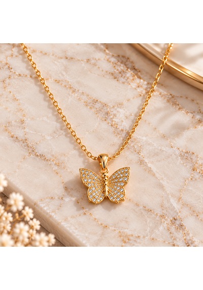 Taşlı Kelebek Figürlü Kadın Kolye Gold Ve Gümüş Renk Altın