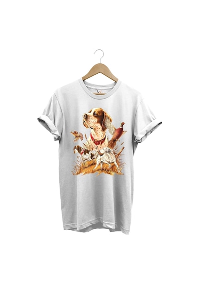 Avcılık Desenli Av Köpeği Ingiliz Pointer Setter Sülün Vahşi Yaşam Baskılı Regular Fit Beyaz T-shirt Beyaz