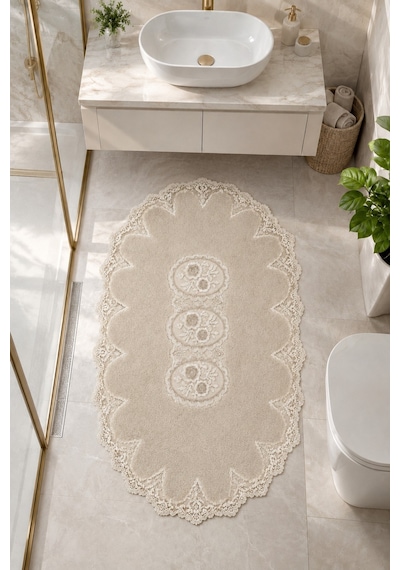 Vizon Dantelli Kaymaz Deri Tabanlı Oval Banyo Paspası Güpürlü Yıkanabilir Banyo Takımı Liana
