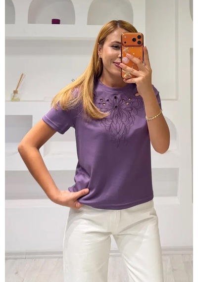 Fiolin Soft Touch Modal Kumaş Nakışlı Lazer Kesim T-shirt Mor