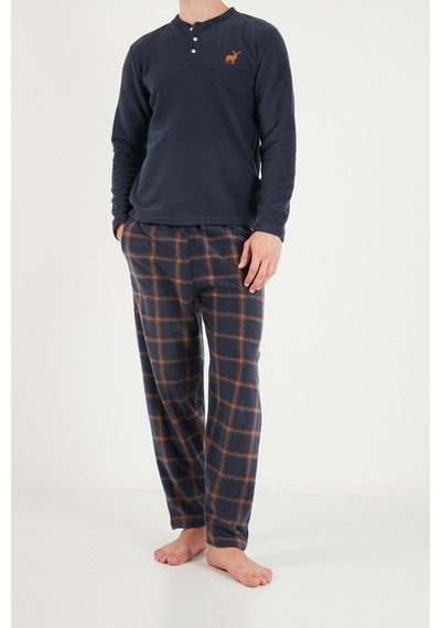 Buratti Ekoseli Düğmeli Bisiklet Yaka Yumuşak Polar Pijama Takımı Erkek Pijama Takımı 6097019 Füme