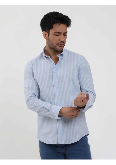 Dufy Mavi Erkek Slim Fit Çizgili Düğmeli Yaka Uzun Kol Gömlek - 104900-mavi Mavi