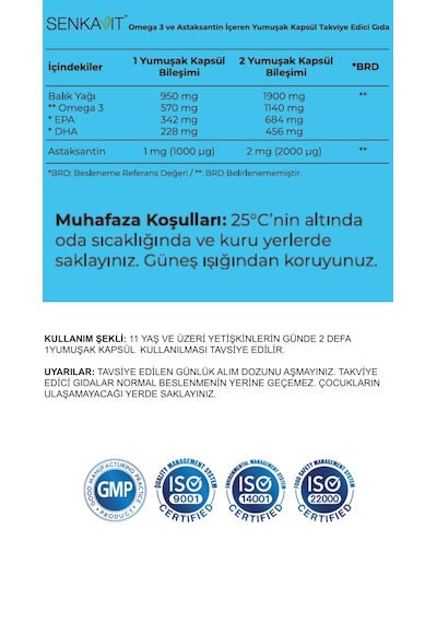 Senkavit Omega 3 Ve Astaksantin İçeren Yumuşak Kapsül 90 Lı