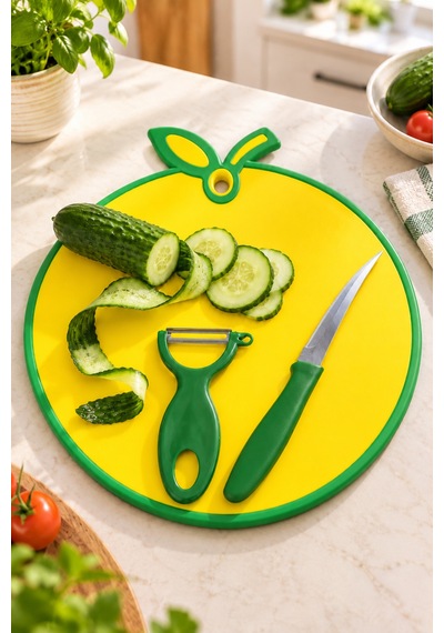 Kesme Tahtası Limon Model + Meyve Sebze Soyacağı + Meyve Sebze Bıçağı Sarı - 930408212 Sarı