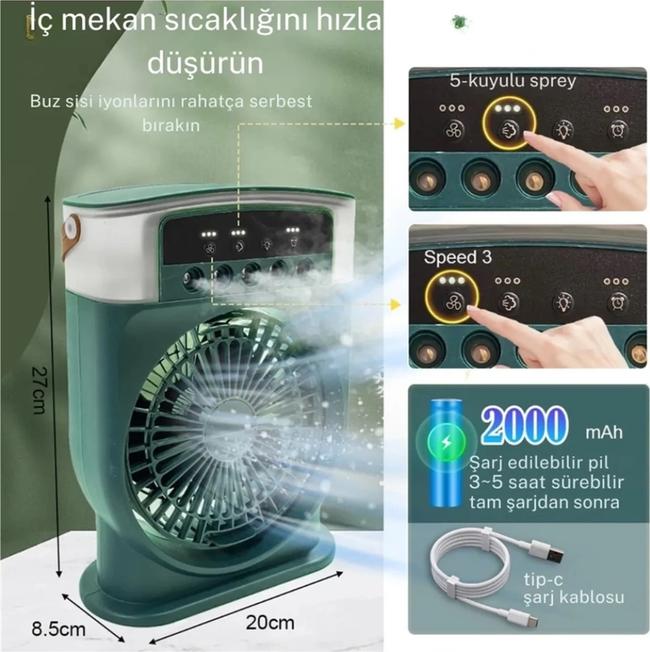 Şarjlı 600 Ml Su Hazneli Taşınabilir Masaüstü Vanilatör Güçlü Fan Ve 2000 Mah Pil Yeşil Çok Renkli