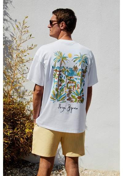 Grımelange ITALIA Erkek %100 Organik Pamuk Ön Arka Baskı Detaylı Oversize Kısa Kol Beyaz T-Shirt
