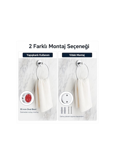 İris Krom Kaplama Halka Havluluk, Yapışkanlı Ve Vidalı Montajlı Banyo Havlu Askısı, 35 Mm Oval Bantlı, Parlak Yüzey