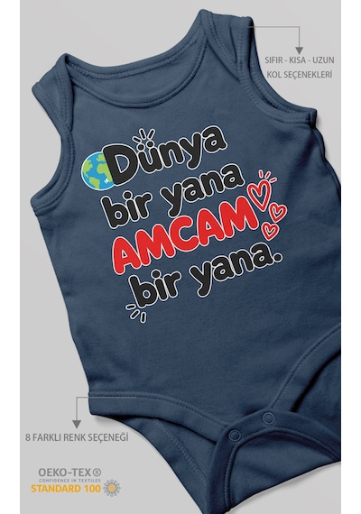 Morivokids Dünya Bir Yana, Amcam Bir Yana Sıfır Kollu Bebek Zıbını %100 Pamuk Lacivert