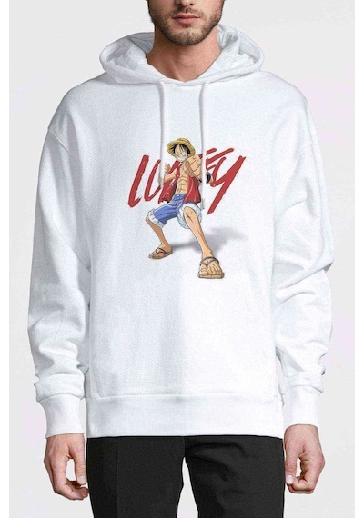 Anime Luffy One Piece Baskılı Beyaz Erkek Örme Sweatshirt (531047502)