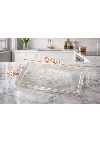 Makri Home 50x34 Cm Şeffaf Motifli Büyük Boy Plastik Kulplu Tepsi, Şık Kristal Sunum Tepsisi Şeffaf