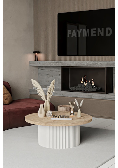 Faymend Kooky Modern Yuvarlak Beyaz - Meşe Ahşap Orta Sehpa '70cm' Krem
