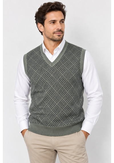 Bihan Store Erkek V Yaka Geometrik Desenli Çift Plaka Örgü Süveter 7837-haki