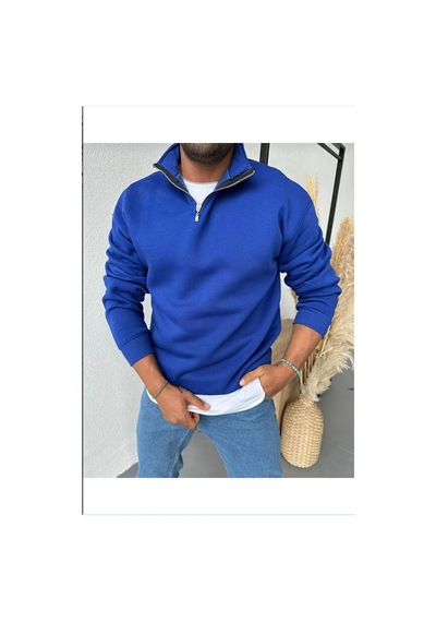 Macklin Unisex Kadın Erkek Baskısız Yarım Fermuarlı Dik Yaka Basic Sweatshirt Mavi Mck0602 Mavi