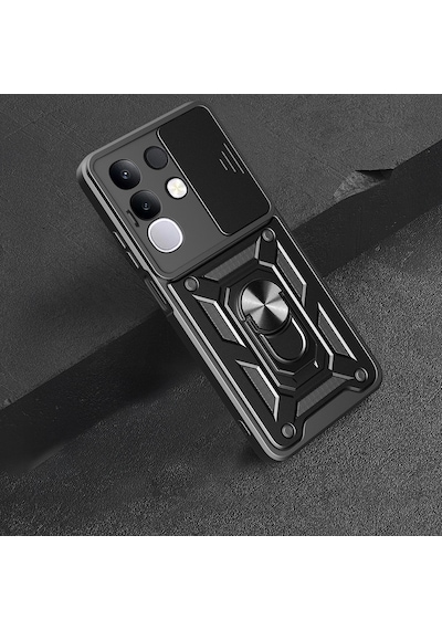 Vivo Y29 4g Kılıf Magnetik Standlı Kamera Korumalı Zore Sürgülü Vega Kapak Mavi